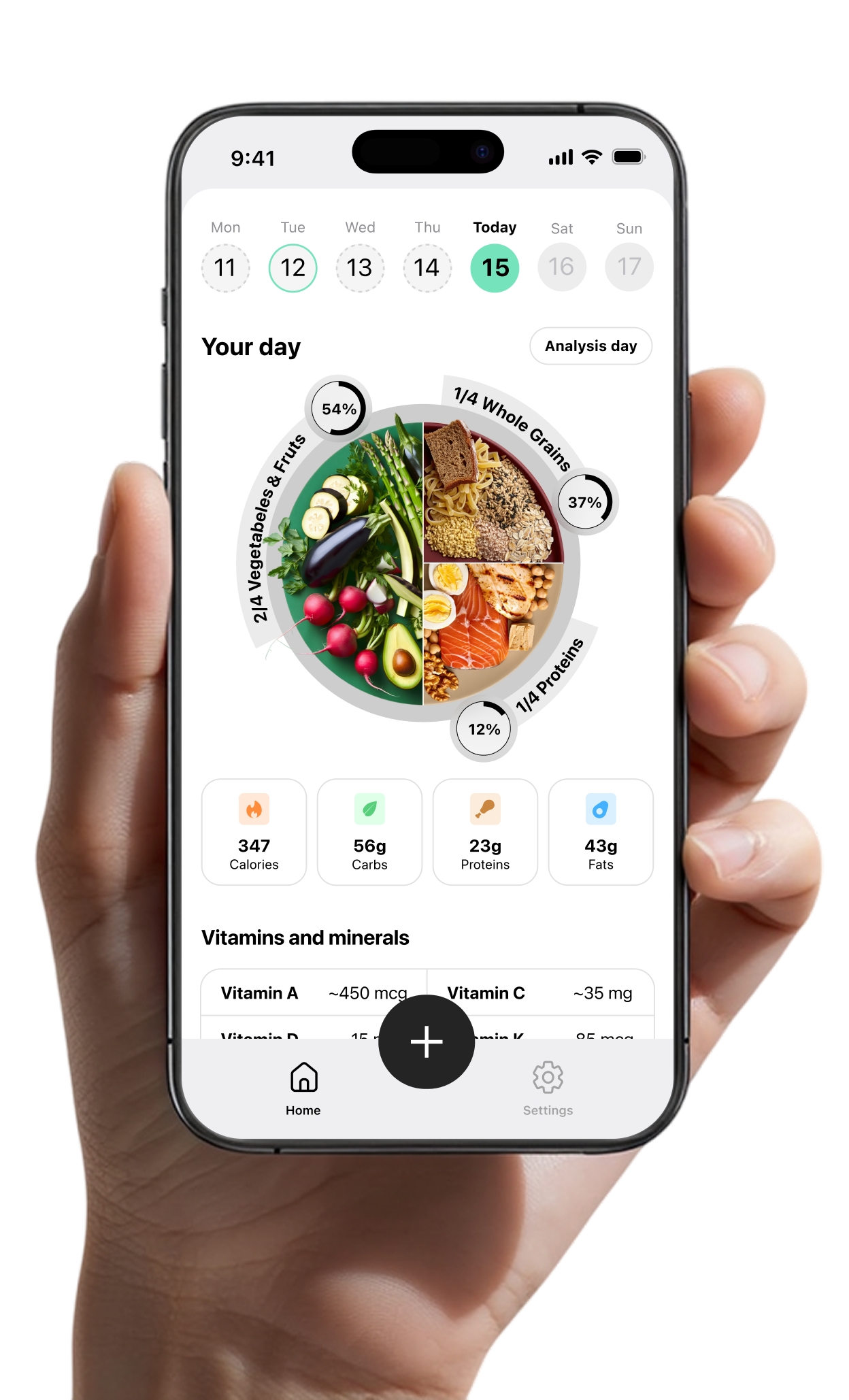 Platr AI-powered nutrition tracker app showing Harvard Healthy Plate analysis with calories, macros, vegetables, proteins, and grains percentages