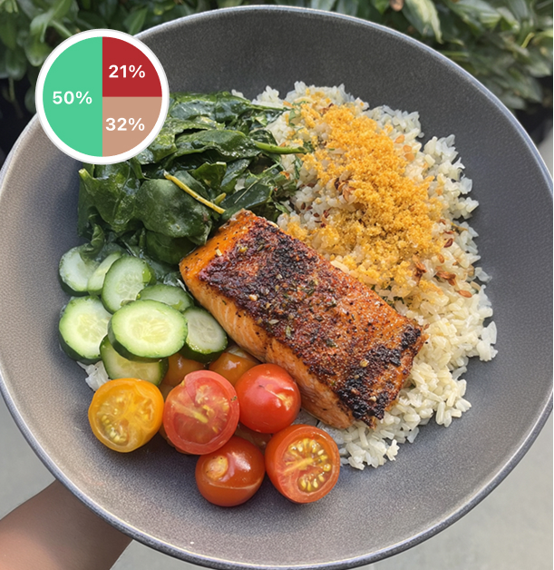 Healthy plate example: salmon rice bowl with balanced Harvard nutrition - vegetables, proteins, and whole grains